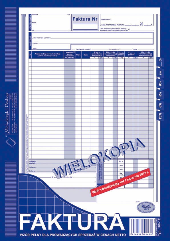 100-1E Faktura wzór pełny dla prowadzących sprzedaż w cenach netto