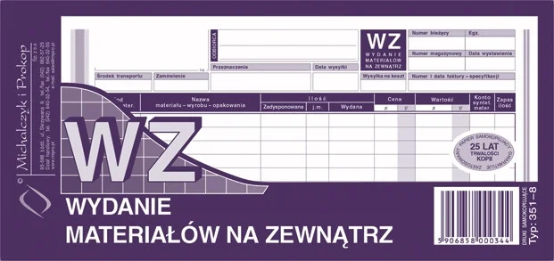 351-8 WZ Wydanie materiałów na zewnątrz