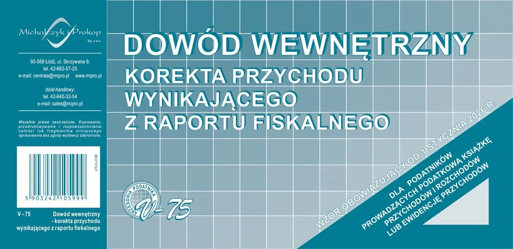 V-75 Dowód wewnętrzny - korekta przychodu wynikającego z raportu fiskalnego