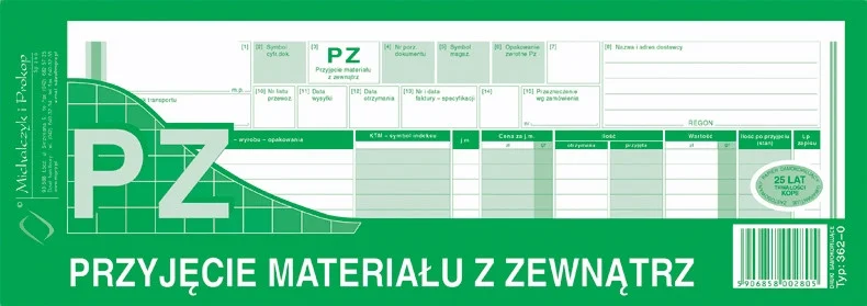 362-0 PZ przyjęcie materiału z zewnątrz