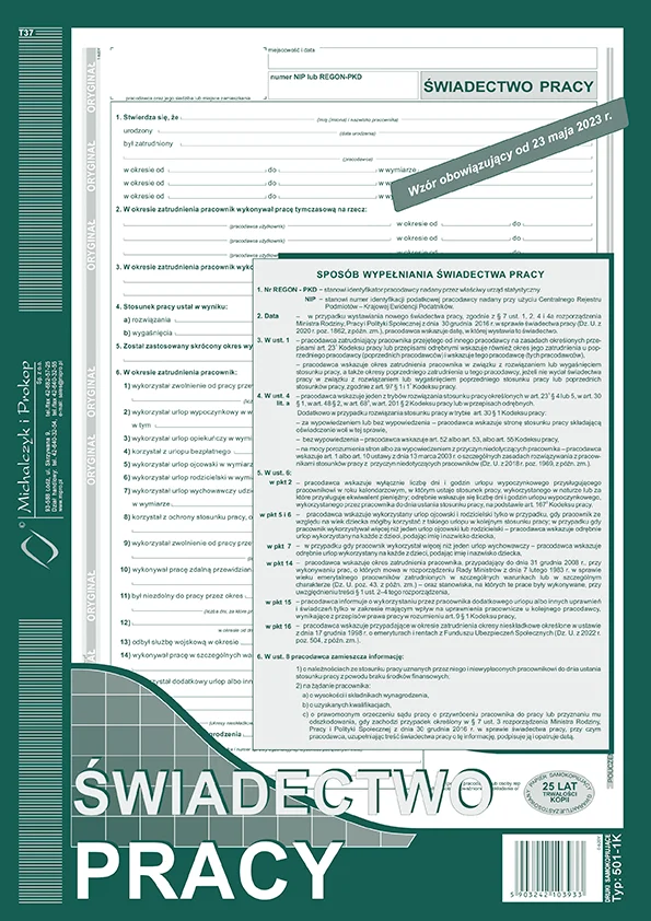 501-1K Świadectwo pracy