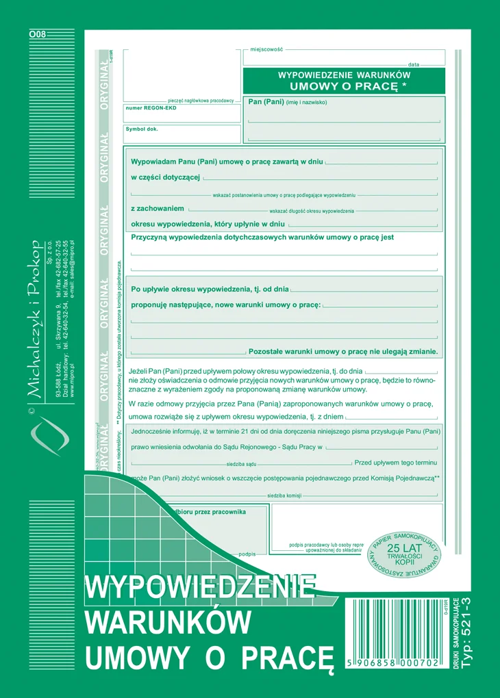 521-3 Wypowiedzenie warunków umowy o pracę