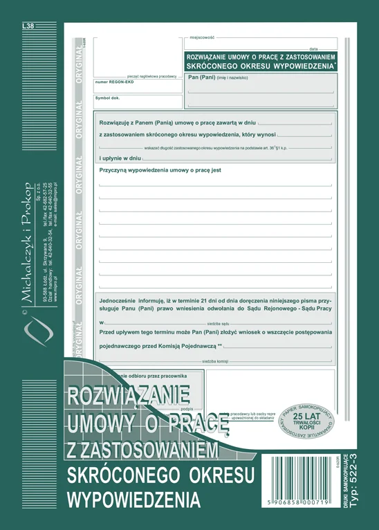522-3 Rozwiązanie umowy o pracę z zastosowaniem skróconego okresu wypowiedzenia