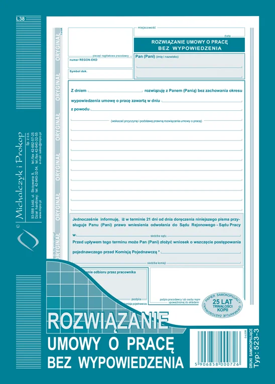 523-3 Rozwiązanie umowy o pracę bez wypowiedzenia