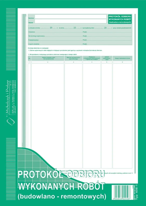 606-1 Protokół odbioru wykonanych robót (budowlano-remontowych)