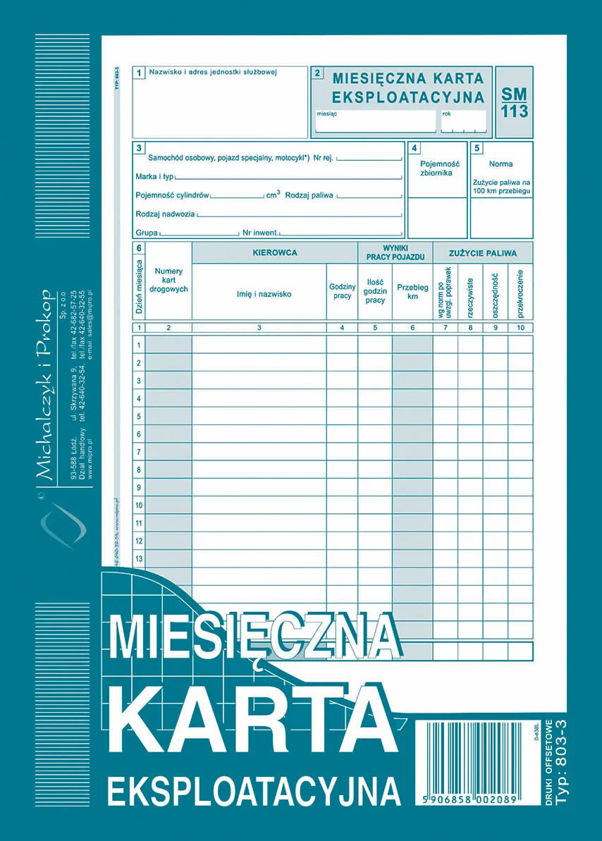 803-3 Miesięczna karta eksploatacyjna sm/113 (samochód osobowy)