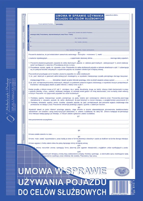 810-1 Umowa w sprawie używania pojazdu do celów służbowych
