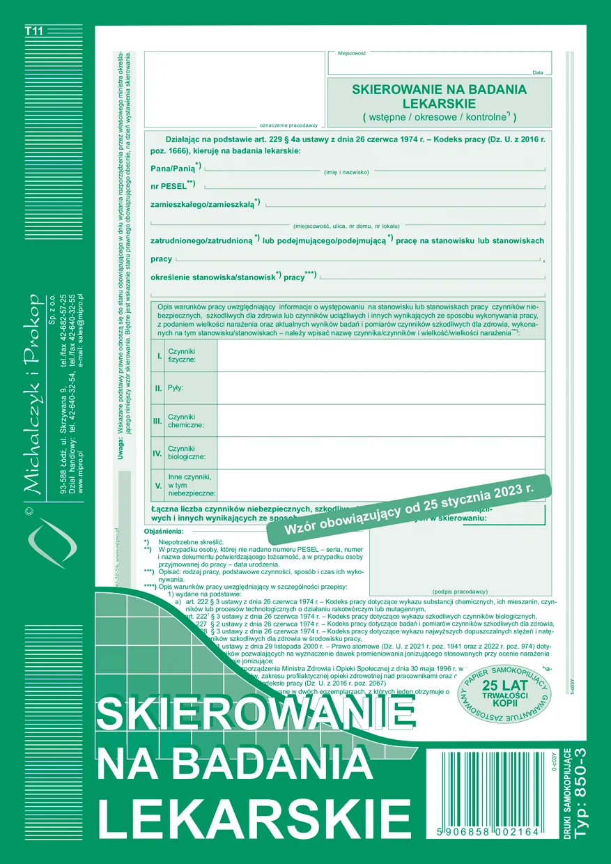 850-3 Skierowanie na badania lekarskie