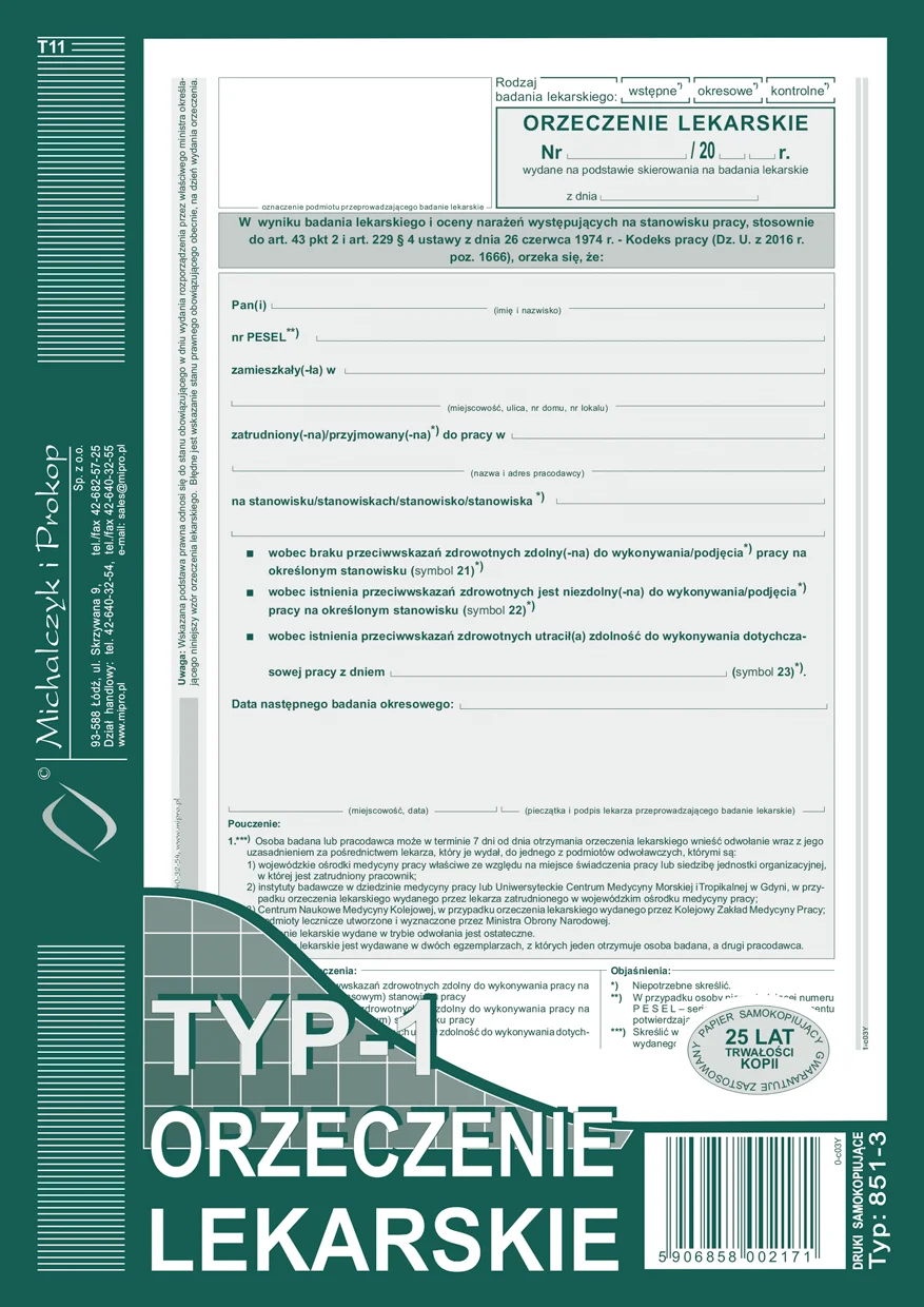 851-3 Orzeczenie lekarskie typ-1