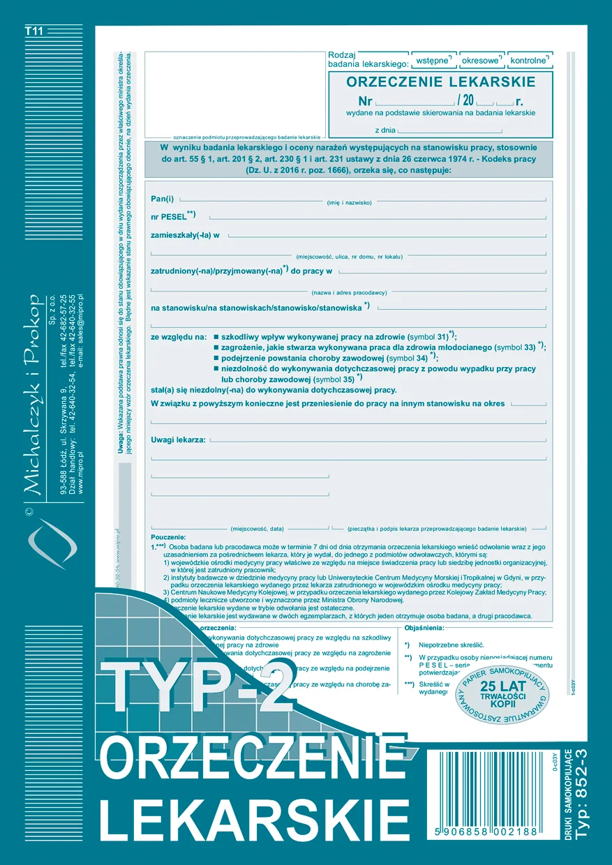 852-3 Orzeczenie lekarskie typ-2