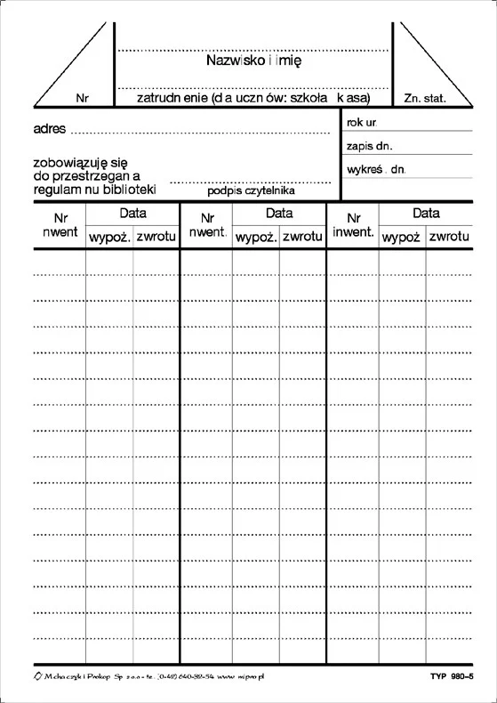 980-5 Karta biblioteczna czytelnika