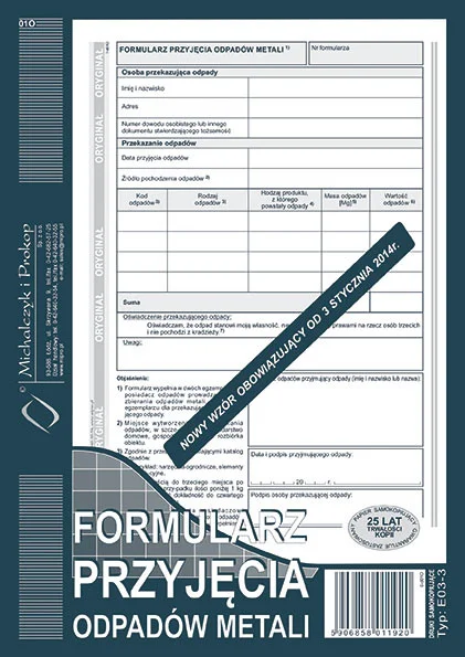 E03-3 Formularz przyjęcia odpadów metali