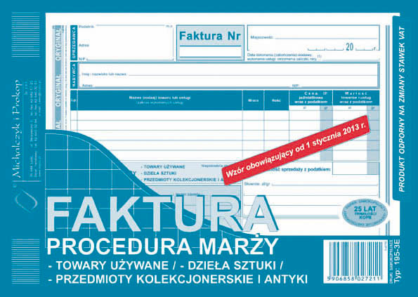 195-3E Faktura procedura marży - tow. używane/ - dz. sztuki/ - przedm. kolekc. i antyki