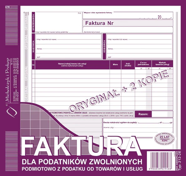 212-2E Faktura dla podatników zwolnionych podmiotowo z podatku od towarów i usług