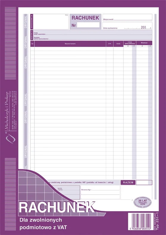 231-1 Rachunek dla zwolnionych podmiotowo z VAT