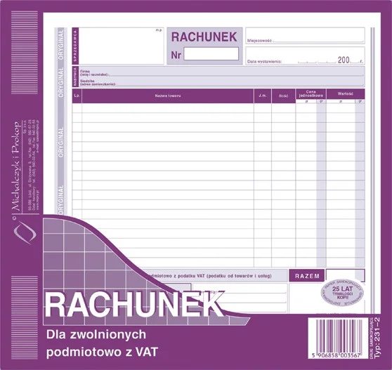 231-2 Rachunek dla zwolnionych podmiotowo z VAT