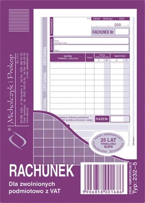 232-5 Rachunek dla zwolnionych podmiotowo z VAT